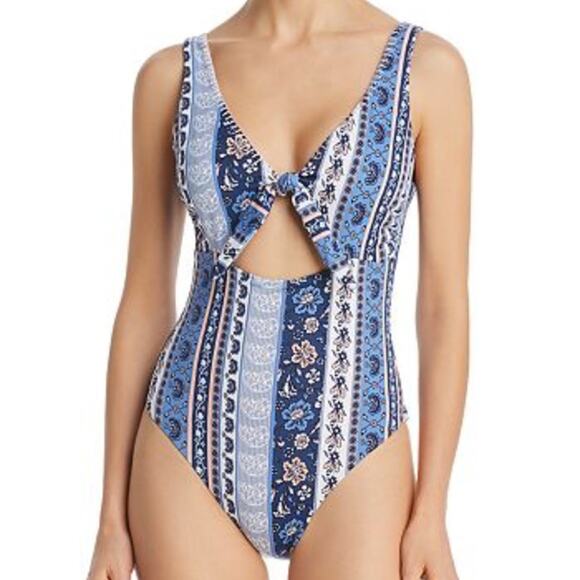 MINK PINK Women's Blue Boho Bounty Tie Front One Piece Swimsuit Small - Picture 1 of 5
